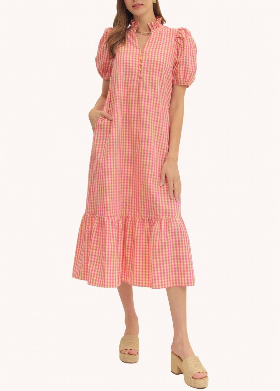NEW ENTRO fallon cotton midi dress in pink gingham